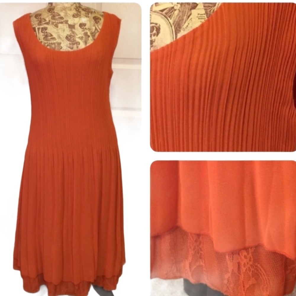 Caeliann Pleated Sheath Dress Tangerine Size Small Lace Underskirt